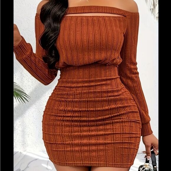 Elegant Off-Shoulder Brown Dress Sz Small - Picture 2 of 8